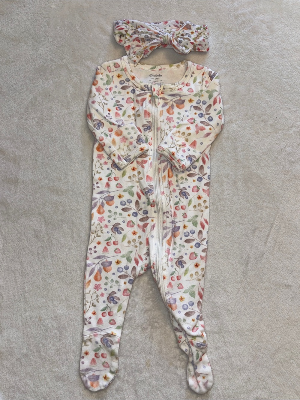 Owlivia Cream Floral & Berry Zip-Footie sleeper One-Piece with Headband